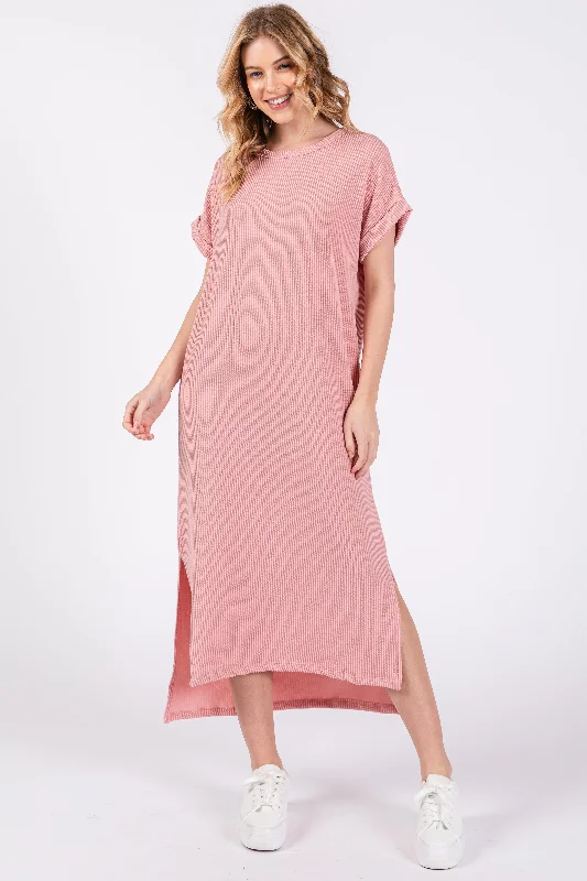 Affordable stylish women’s fashion collection Light Pink Ribbed Short Sleeve Midi Dress Affordable stylish women’s fashion collection Light Pink Ribbed Short Sleeve Midi Dress