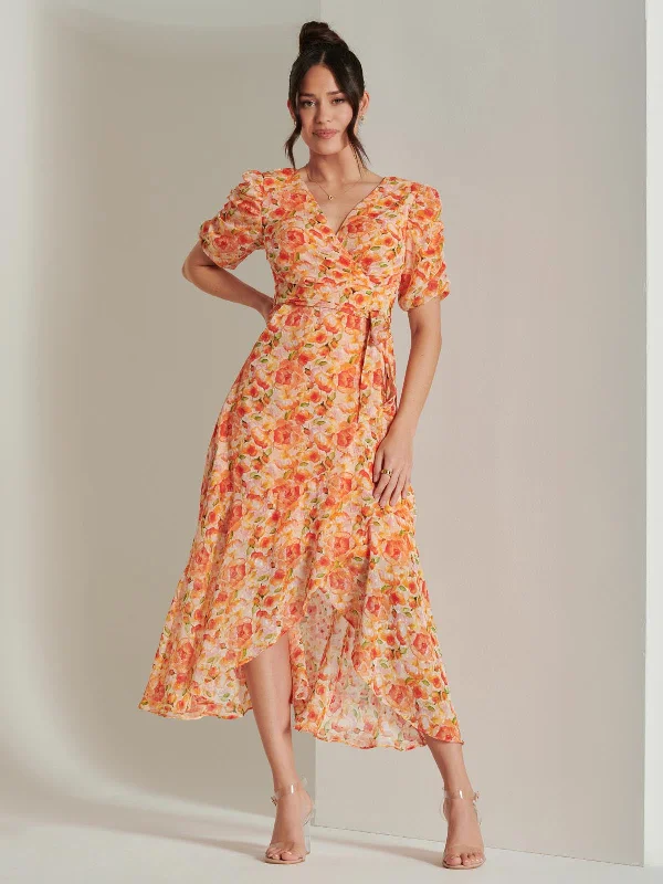 Comfortable yet fashionable women’s wear Print Metallic Textured Chiffon Maxi Dress, Orange Multi Comfortable yet fashionable women’s wear Print Metallic Textured Chiffon Maxi Dress, Orange Multi