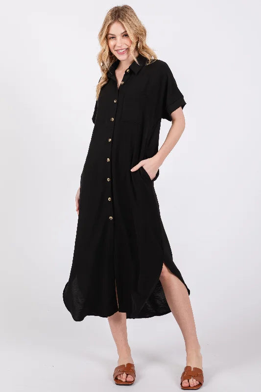 Refresh your wardrobe with stylish women’s outfits Black Button Down Front Pocket Midi Dress Refresh your wardrobe with stylish women’s outfits Black Button Down Front Pocket Midi Dress