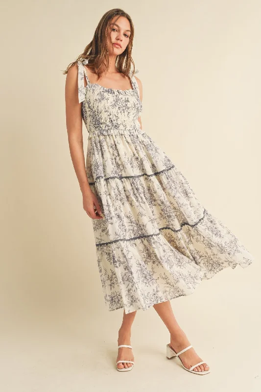 Luxurious fabrics and modern designs for women   Charcoal Floral Sleeveless Ruffle Tiered Midi Dress
