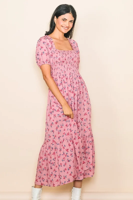Bold and sophisticated looks for every woman Pink Floral Smocked Short Sleeve Midi Dress Bold and sophisticated looks for every woman Pink Floral Smocked Short Sleeve Midi Dress