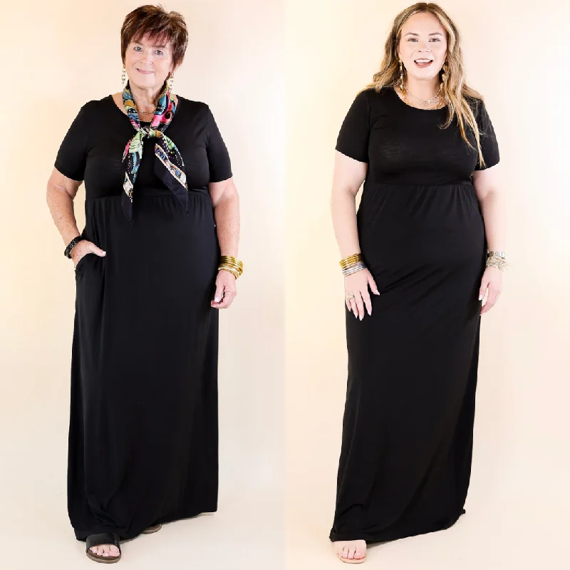 Bold and sophisticated looks for every woman   Just Landed Short Sleeve Babydoll Maxi Dress in Black