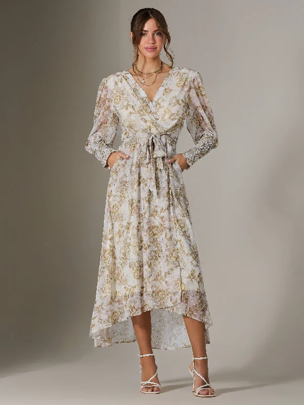 Feminine and fashionable clothing for every wardrobe V Neck Tie Waist Puff Sleeve Maxi Dress, Cream Floral Feminine and fashionable clothing for every wardrobe V Neck Tie Waist Puff Sleeve Maxi Dress, Cream Floral