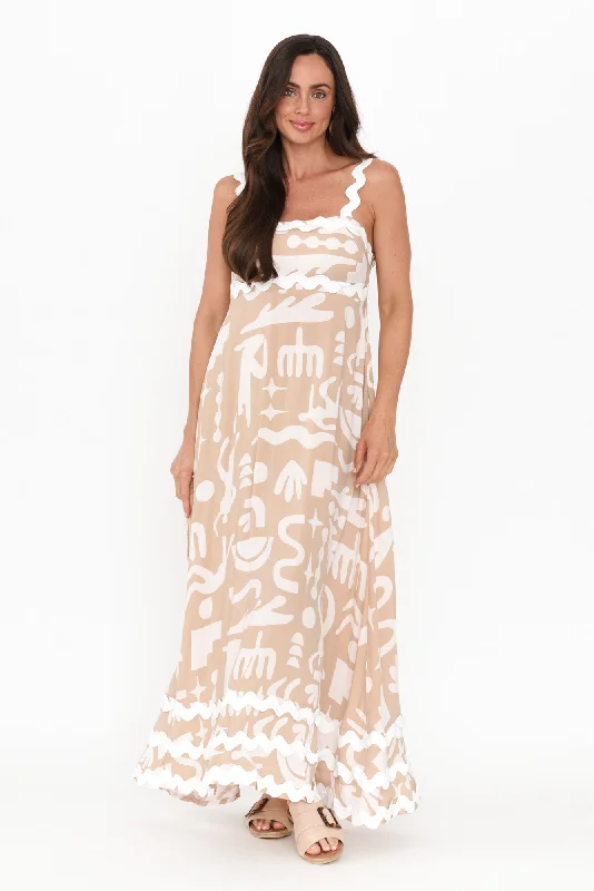 Feminine silhouettes for the modern woman   Eda Beige Abstract Maxi Dress