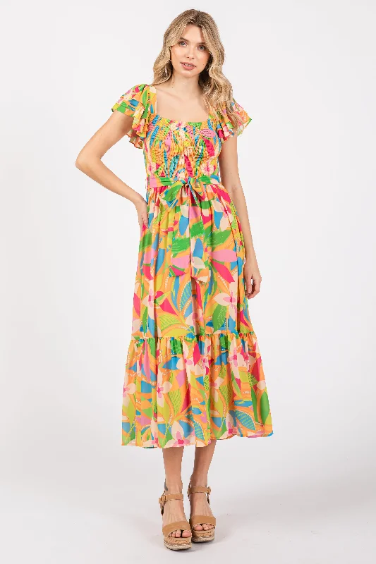 Curated collections of sophisticated women’s wear Orange Floral Print Flounce Sleeve Midi Dress Curated collections of sophisticated women’s wear Orange Floral Print Flounce Sleeve Midi Dress