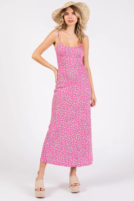 Trendy women’s clothing with a modern twist   Fuchsia Floral Sleeveless Midi Dress