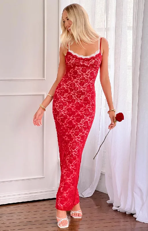 Versatile outfits to transition from day to night   Kata Red Lace Maxi Dress