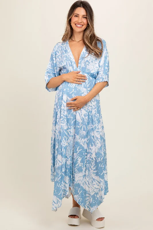 Feminine fashion to express your unique style Blue Printed V-Neck Draped Maternity Maxi Dress Feminine fashion to express your unique style Blue Printed V-Neck Draped Maternity Maxi Dress