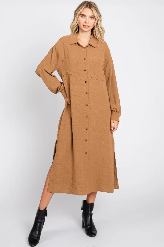 Fashion-forward styles that make a statement   Camel Button Down Collared Maxi Dress