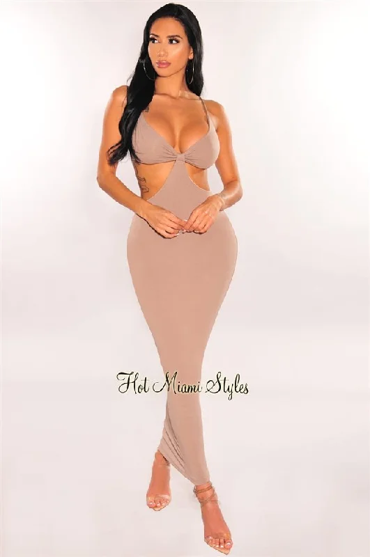 Elegant casual clothing for modern women Taupe Spaghetti Straps Knotted Cut Out Maxi Dress Elegant casual clothing for modern women Taupe Spaghetti Straps Knotted Cut Out Maxi Dress