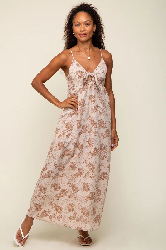 Chic for every occasion and style   Mocha Leaf Print Front Tie Maxi Dress