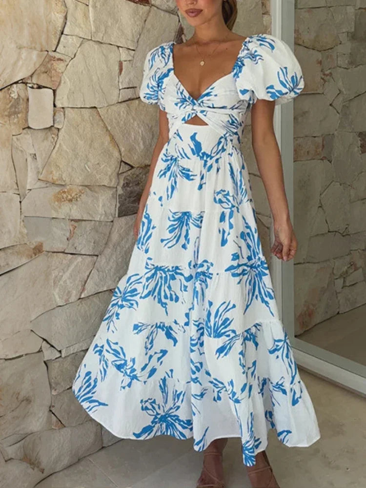 Essential women’s clothing for every season Vintage Slim-fit Printed Hollow Puff Sleeve Maxi Dress Essential women’s clothing for every season Vintage Slim-fit Printed Hollow Puff Sleeve Maxi Dress