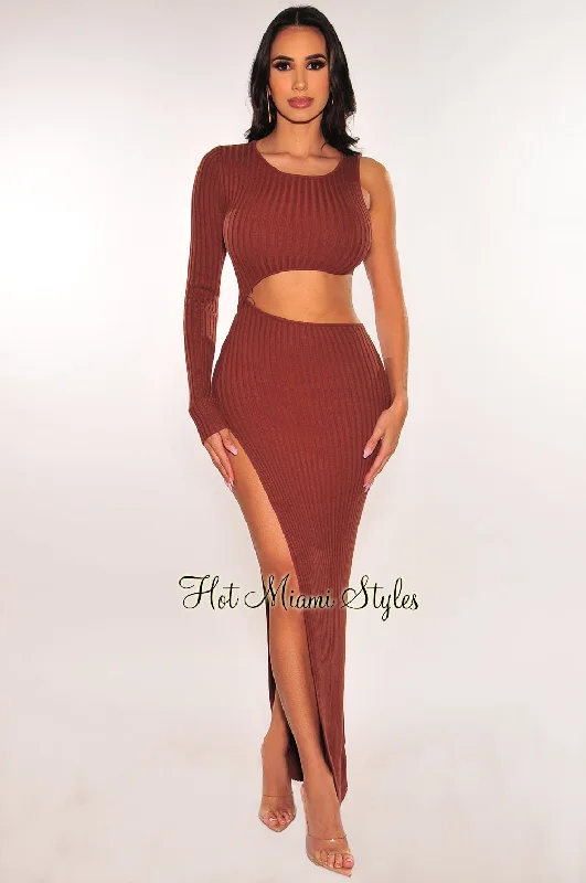 Elevate your style with fashionable women’s clothing   Chocolate Ribbed Knit One Sleeve Cut Out Slit Maxi Dress