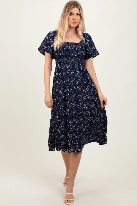 Feminine fashion to express your unique style Navy Floral Square Neck Smocked Maternity Midi Dress Feminine fashion to express your unique style Navy Floral Square Neck Smocked Maternity Midi Dress
