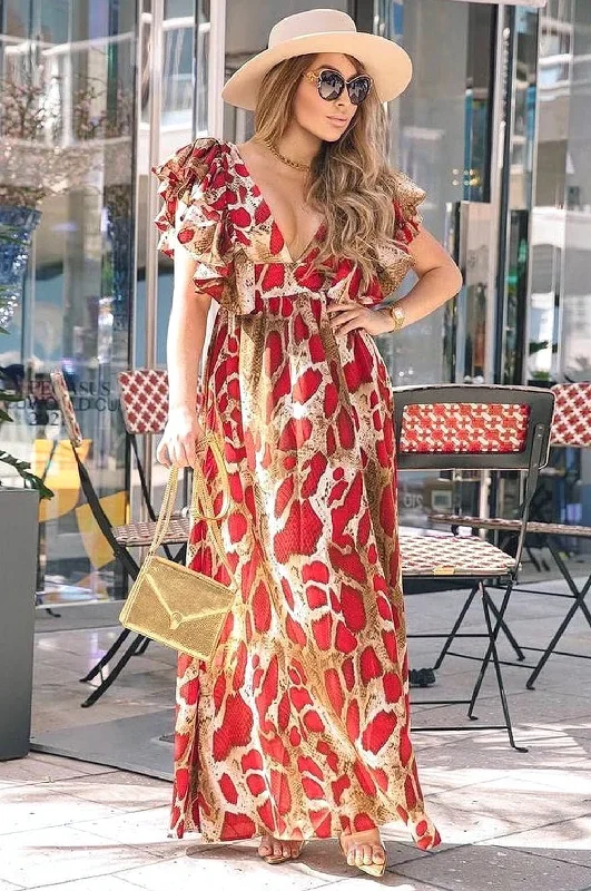 Look and feel your best in our women’s wear Red Snake Print Plunge V Neck Ruffle Sleeve Maxi Dress Look and feel your best in our women’s wear Red Snake Print Plunge V Neck Ruffle Sleeve Maxi Dress