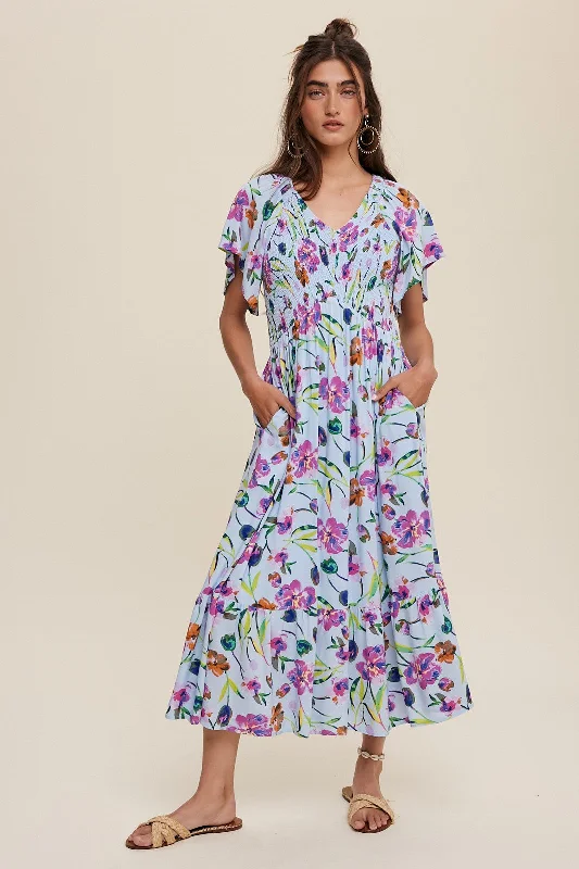 Look and feel your best in our women’s wear Light Blue Floral Flutter Sleeve Smocked Midi Dress Look and feel your best in our women’s wear Light Blue Floral Flutter Sleeve Smocked Midi Dress