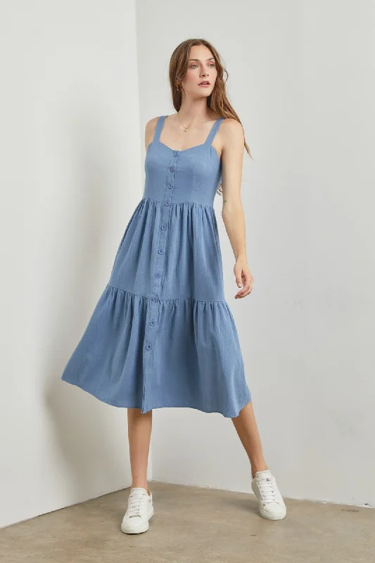 Get noticed with eye-catching women’s fashion Blue Sweetheart Neck Button Front Tiered Midi Dress Get noticed with eye-catching women’s fashion Blue Sweetheart Neck Button Front Tiered Midi Dress