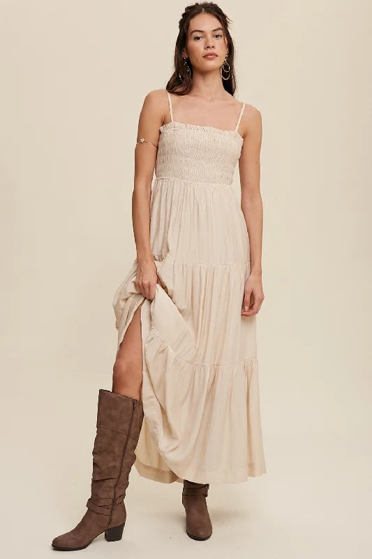 Express your style with fashionable women’s clothing Beige Smocked Square Neck Back Cutout Tiered Midi Dress Express your style with fashionable women’s clothing Beige Smocked Square Neck Back Cutout Tiered Midi Dress