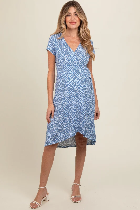Dress up or down with these versatile pieces   Blue Floral Wrap Maternity Midi Dress