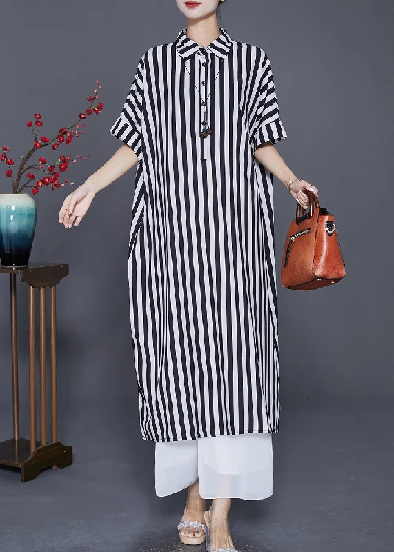 Feminine silhouettes for the modern woman Black Striped Silk Maxi Dresses Oversized Peter Pan Collar Summer Feminine silhouettes for the modern woman Black Striped Silk Maxi Dresses Oversized Peter Pan Collar Summer