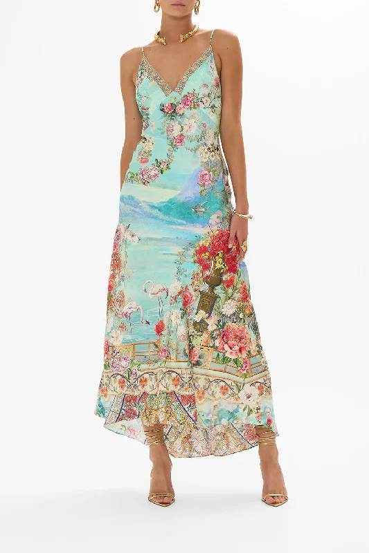 Sustainable fashion for stylish women V NECK BIAS SLIP DRESS WITH BACK FRILL THE JEWELLERY MUSEUM Sustainable fashion for stylish women V NECK BIAS SLIP DRESS WITH BACK FRILL THE JEWELLERY MUSEUM
