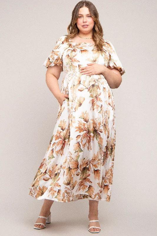 High-fashion styles at affordable prices Cream Floral Satin Puff Sleeve Maternity Plus Maxi Dress High-fashion styles at affordable prices Cream Floral Satin Puff Sleeve Maternity Plus Maxi Dress