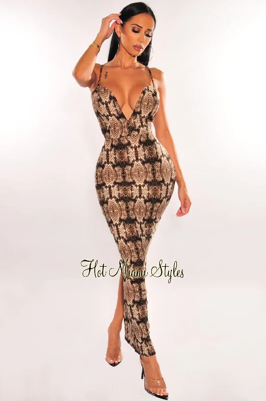 Stylish and comfortable outfits for women   Snake Print Spaghetti Strap Sweetheart Maxi Dress