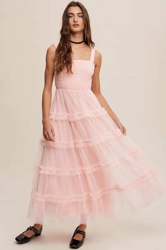 Comfortable yet stylish outfits for women on the go Light Pink Smocked Ruffle Tiered Tulle Midi Dress Comfortable yet stylish outfits for women on the go Light Pink Smocked Ruffle Tiered Tulle Midi Dress