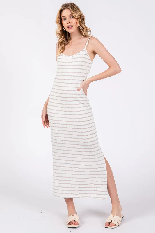 Women’s fashion that reflects your personality Mocha Striped Knit Side Slit Sleeveless Midi Dress Women’s fashion that reflects your personality Mocha Striped Knit Side Slit Sleeveless Midi Dress