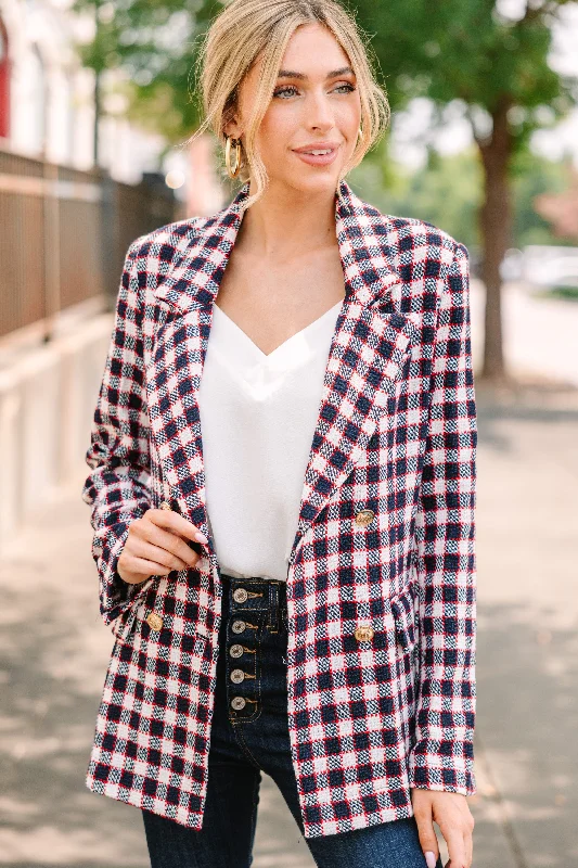 Curated collections for modern, fashionable women   Get A Feeling Navy Blue Plaid Blazer