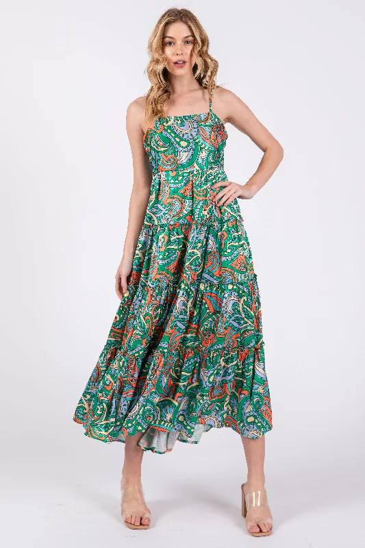 Latest fashion trends for modern women Green Satin Square Neck Ruffle Tiered Midi Dress Latest fashion trends for modern women Green Satin Square Neck Ruffle Tiered Midi Dress