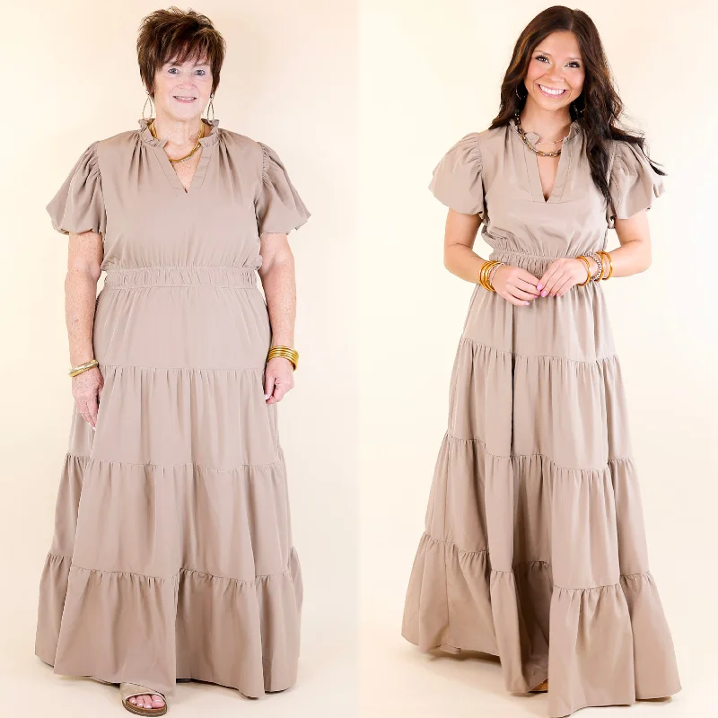 Effortlessly stylish outfits for the modern woman Table for Two Tiered Maxi Dress with Puff Sleeves in Light Mocha Brown Effortlessly stylish outfits for the modern woman Table for Two Tiered Maxi Dress with Puff Sleeves in Light Mocha Brown