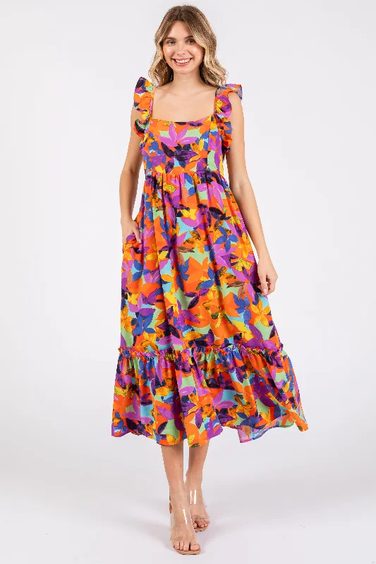Curated collections of sophisticated women’s wear Orange Floral Satin Square Neck Ruffle Strap Midi Dress Curated collections of sophisticated women’s wear Orange Floral Satin Square Neck Ruffle Strap Midi Dress