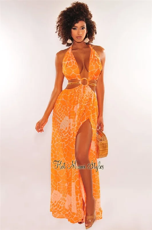 Dress to impress with elegant women’s wear Tangerine Print O-Ring Cut Out Gold Belted Double Slit Maxi Dress Dress to impress with elegant women’s wear Tangerine Print O-Ring Cut Out Gold Belted Double Slit Maxi Dress