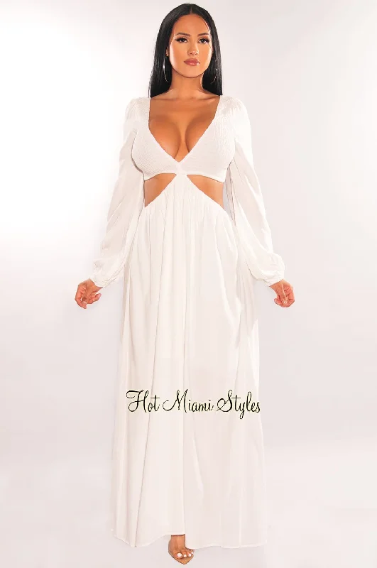 Stylish plus-size clothing for women White V Neck Smocked Cut Out Long Sleeve Maxi Dress Stylish plus-size clothing for women White V Neck Smocked Cut Out Long Sleeve Maxi Dress