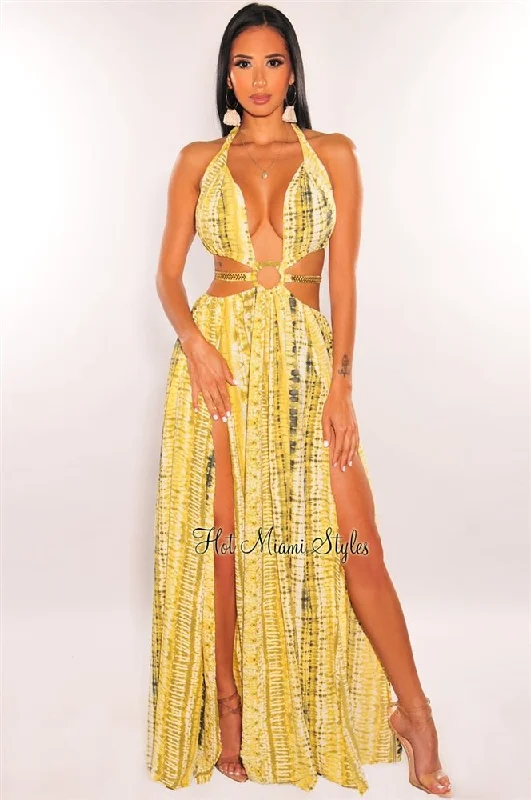 Luxurious fabrics and modern designs for women Yellow Tie Dye O-Ring Cut Out Gold Belted Double Slit Maxi Dress Luxurious fabrics and modern designs for women Yellow Tie Dye O-Ring Cut Out Gold Belted Double Slit Maxi Dress