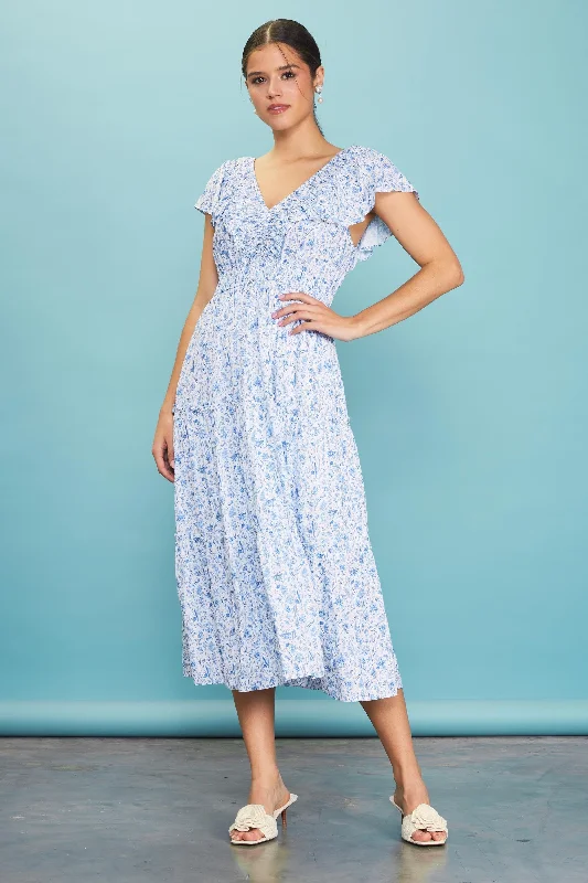 Step up your style with trendy women’s clothing Blue Floral Front Ruched Ruffle Shoulder Tiered Midi Dress Step up your style with trendy women’s clothing Blue Floral Front Ruched Ruffle Shoulder Tiered Midi Dress