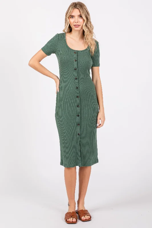 Clothing that’s as bold as you are Light Olive Ribbed Front Button Accent Short Sleeve Midi Dress Clothing that’s as bold as you are Light Olive Ribbed Front Button Accent Short Sleeve Midi Dress