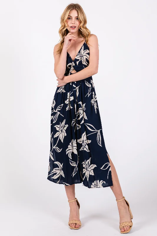 Bold, confident, and stylish women’s clothing Navy Blue Floral Front Twist Midi Dress Bold, confident, and stylish women’s clothing Navy Blue Floral Front Twist Midi Dress