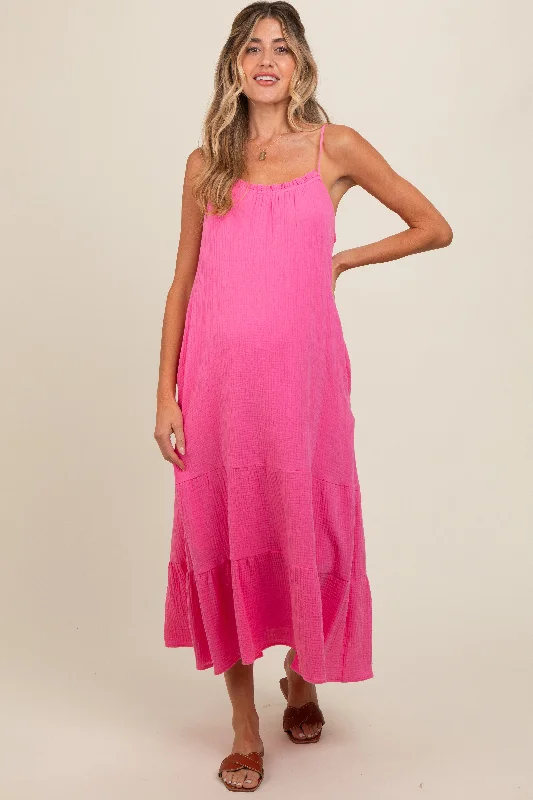 Sustainable fashion for stylish women   Fuchsia Tiered Hem Maternity Midi Dress