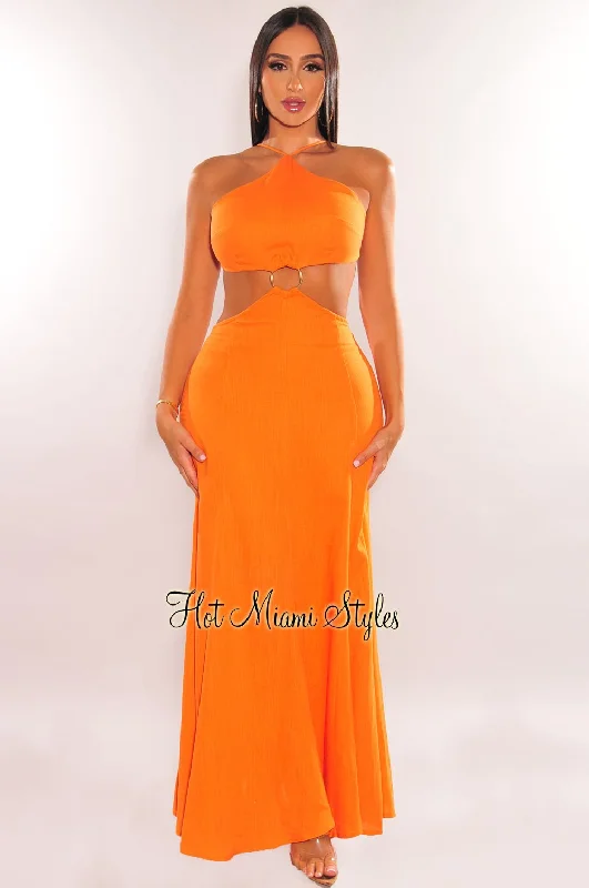 Trendy women’s clothing    Orange Linen Halter O-Ring Cut Out Maxi Dress