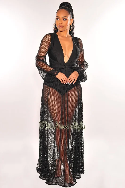 Fashionable, yet affordable women’s apparel Black V Neck Fishnet Long Sleeve Maxi Dress Fashionable, yet affordable women’s apparel Black V Neck Fishnet Long Sleeve Maxi Dress