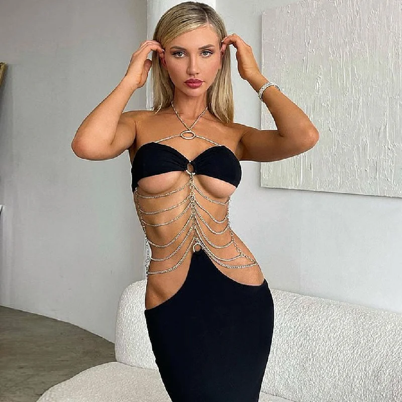 Feminine fashion to express your unique style Vacation Ready Cut Out Layered Metal Chain Halter Maxi Dress - Black Feminine fashion to express your unique style Vacation Ready Cut Out Layered Metal Chain Halter Maxi Dress - Black