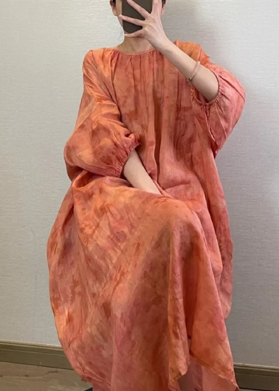 Versatile fashion for every type of woman Natural Orange O-Neck Tie Dye Maxi Dress Lantern Sleeve Versatile fashion for every type of woman Natural Orange O-Neck Tie Dye Maxi Dress Lantern Sleeve