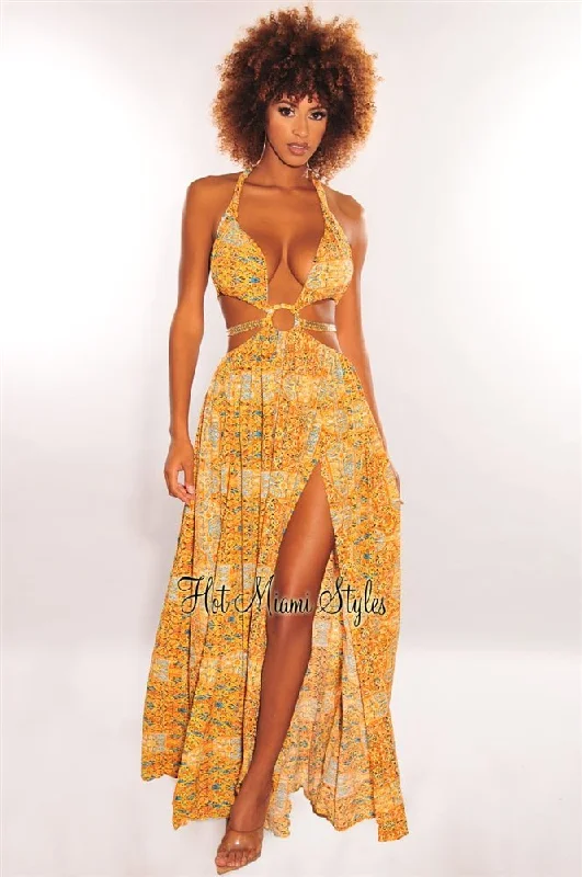 Feminine fashion to express your unique style Orange Print O-Ring Cut Out Gold Belted Double Slit Maxi Dress Feminine fashion to express your unique style Orange Print O-Ring Cut Out Gold Belted Double Slit Maxi Dress