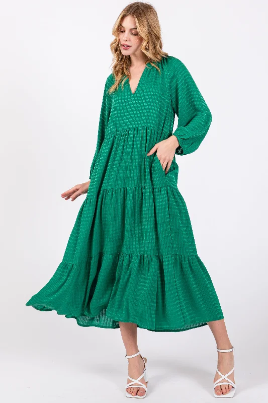 High-quality women’s wear for everyday elegance   Green Textured Tiered Midi Dress