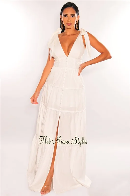 Versatile fashion options for every occasion White V Neck Tie Up Button Up Slit Tiered Maxi Dress Versatile fashion options for every occasion White V Neck Tie Up Button Up Slit Tiered Maxi Dress