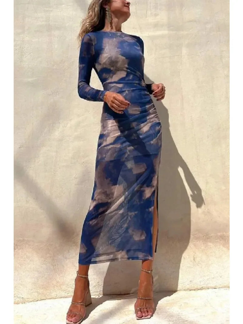 Elegant and comfortable women’s fashion wear Skinny Mesh Long Sleeve Split Spring/Summer Print Slim Fit Elastic Maxi Dress Elegant and comfortable women’s fashion wear Skinny Mesh Long Sleeve Split Spring/Summer Print Slim Fit Elastic Maxi Dress