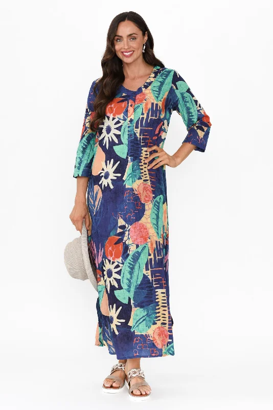 Bold, confident, and stylish women’s clothing   Apia Navy Geo Cotton Maxi Dress