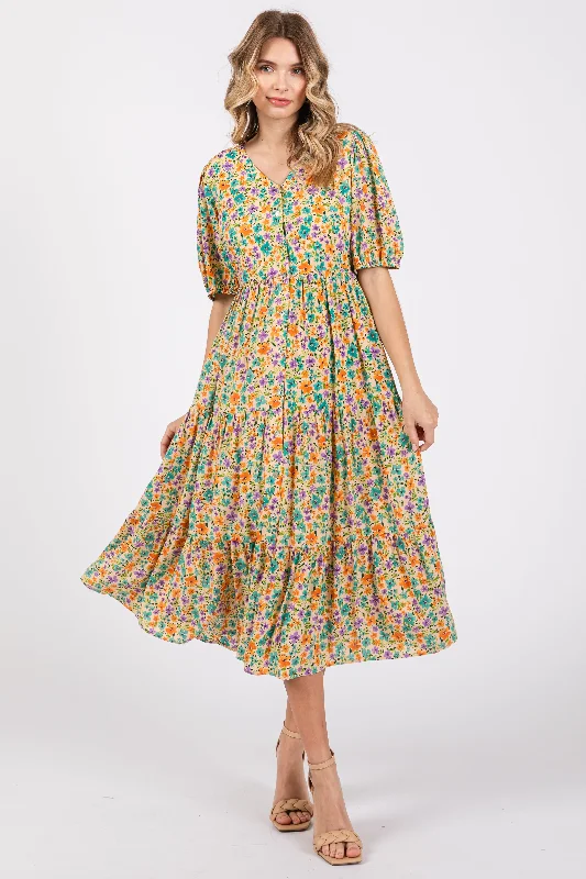 Timeless women’s fashion for any occasion Beige Floral Button Front Ruffle Hem Midi Dress Timeless women’s fashion for any occasion Beige Floral Button Front Ruffle Hem Midi Dress
